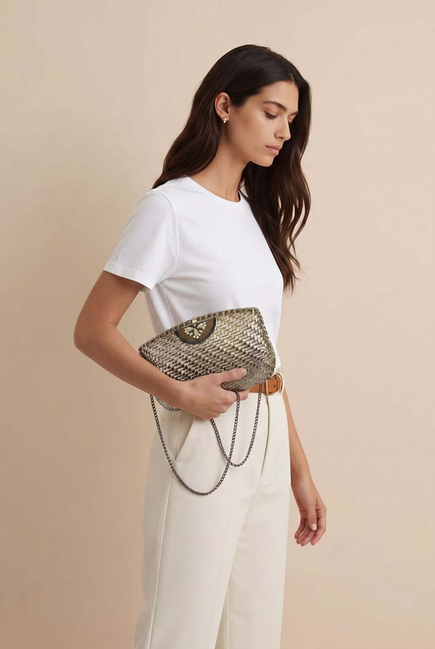 Rodo Metallic Woven Hard-Shell Clutch with Embellished Clasp